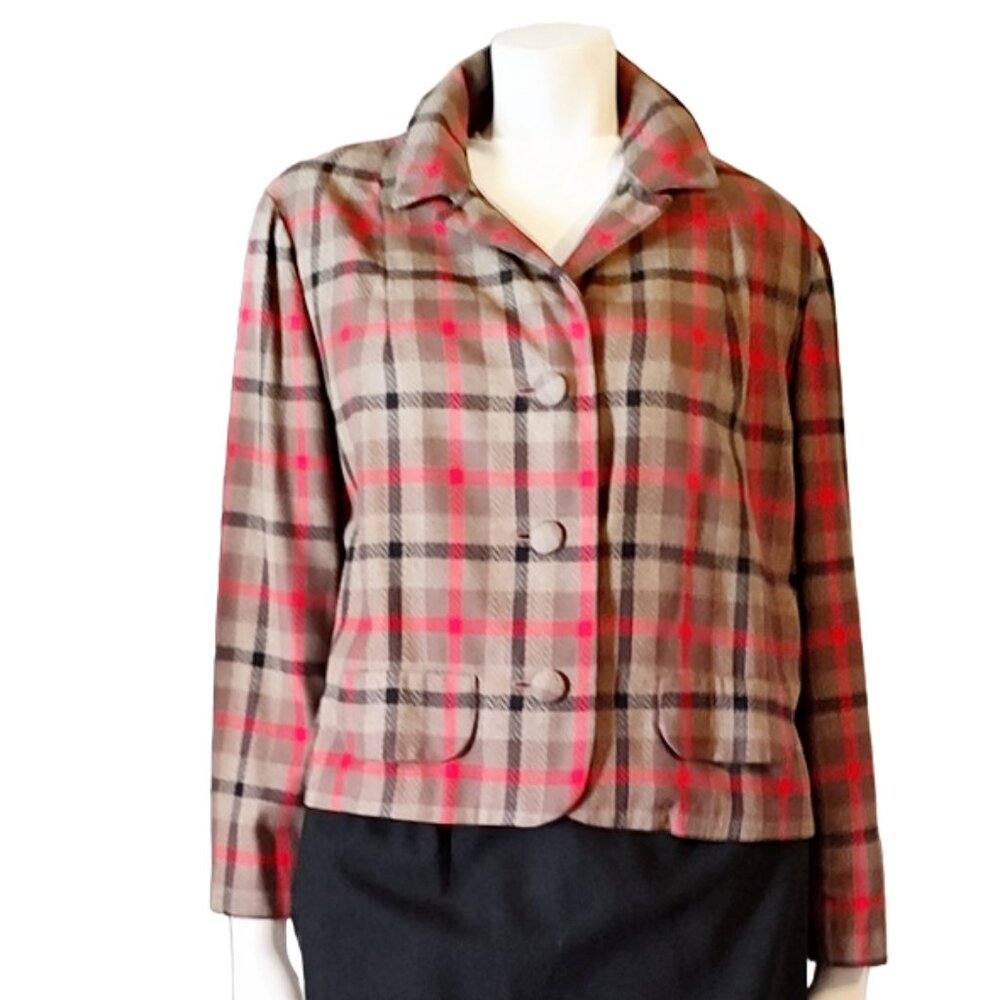 Late 1950s 60 Plaid Vintage Wool Cropped Suit Jacket Larger Plus Size Blazer